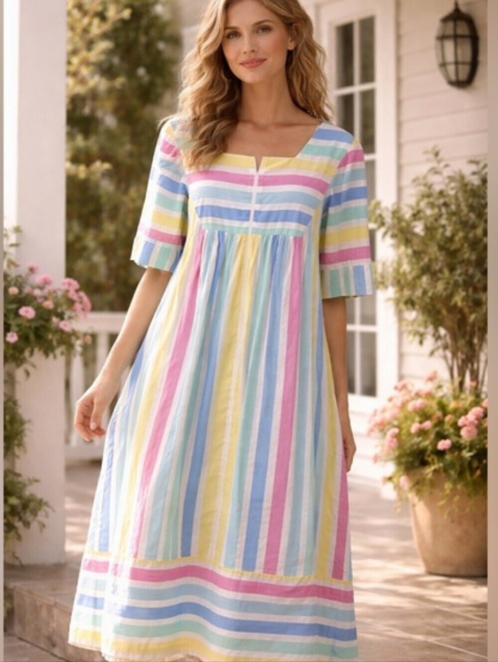 Vintage Saybury Pastel Striped Seersucker Accentuated Sleeve Mumu Dress Large